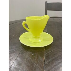 Hazel Atlas Chartreuse Lime Green Yellow Glass Cream and Saucer Platonite